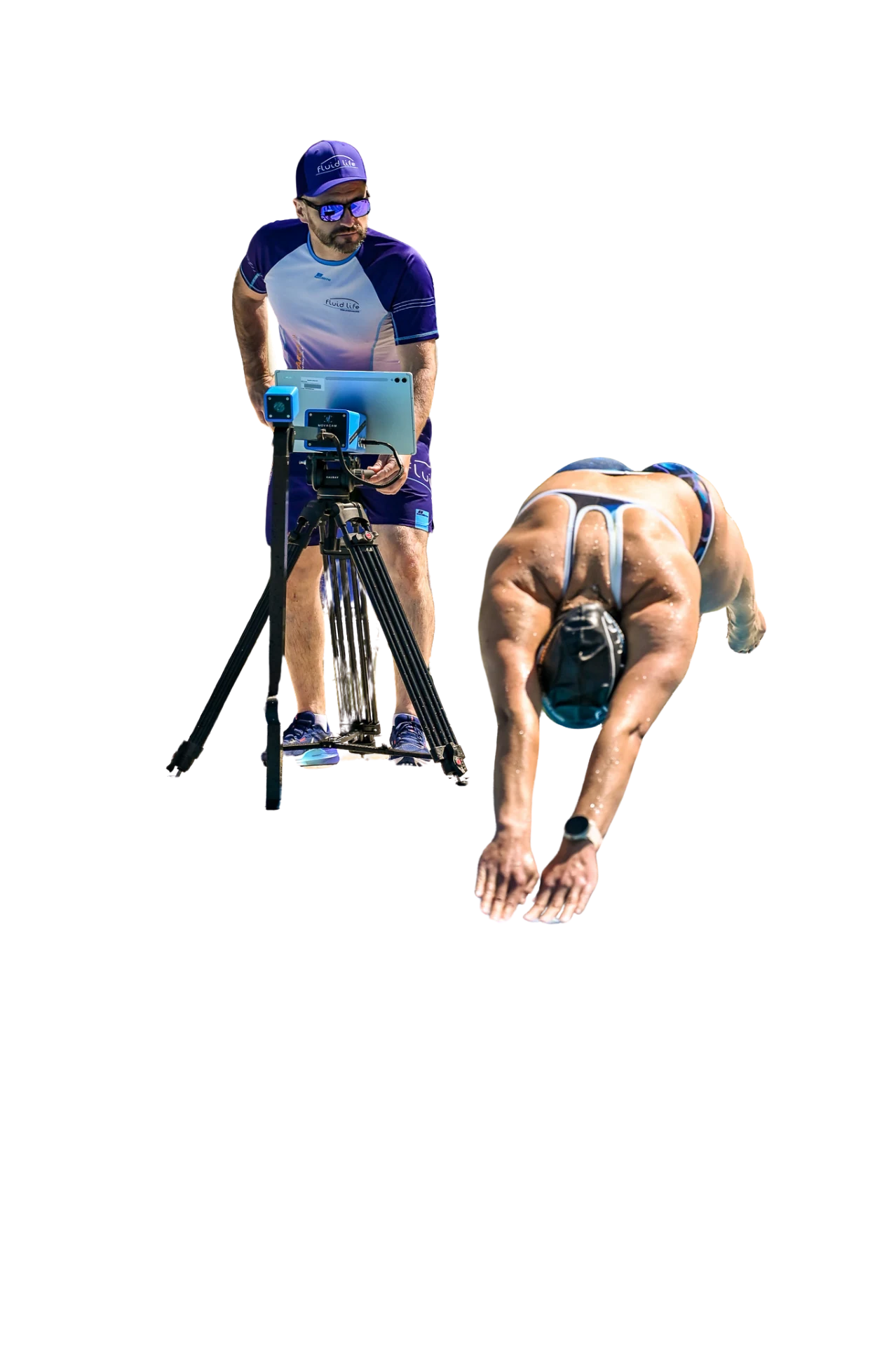 movAcam Schwimm-Analyse: Coach mit Tablet und Dual-Kamera-System, Athletin beim Startsprung