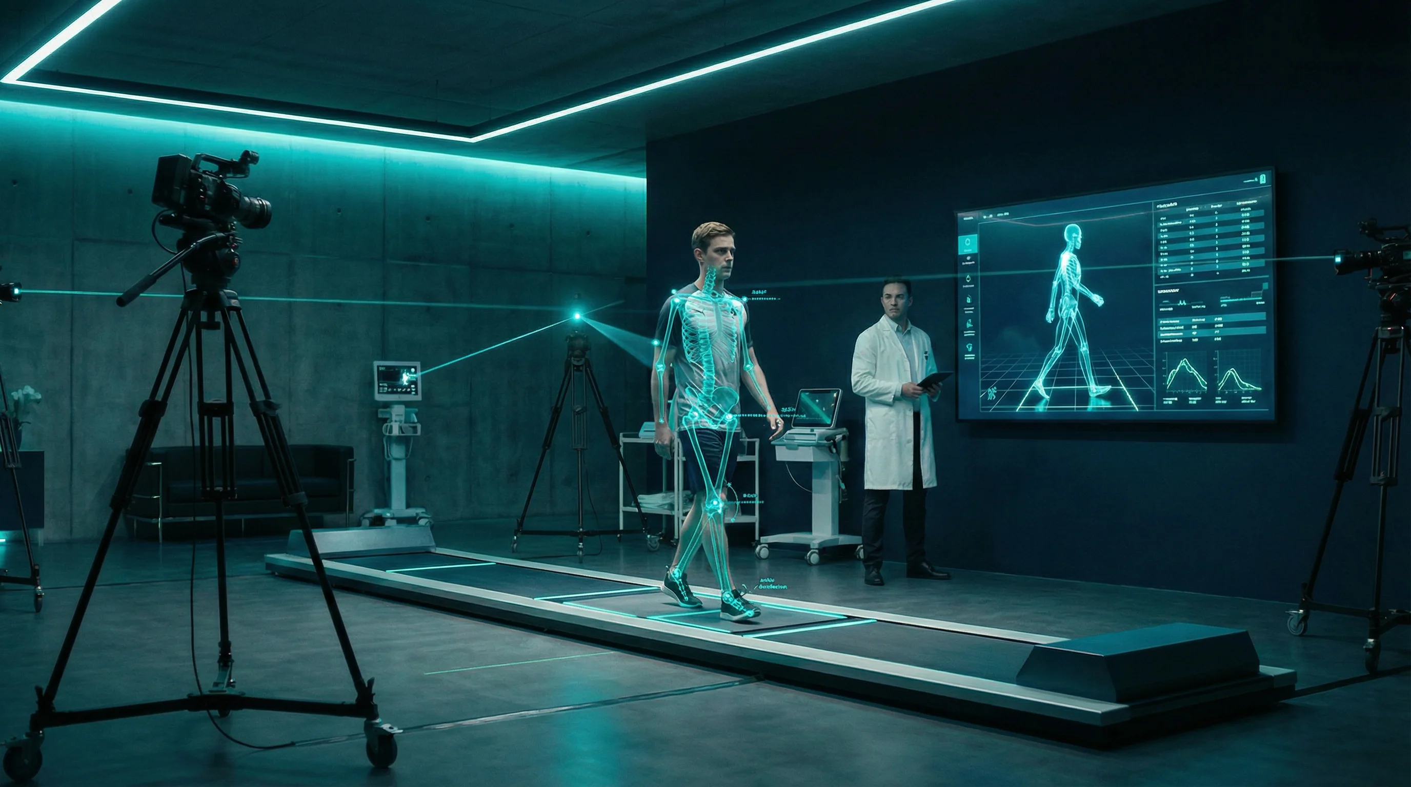 Patient auf Ganganalyse-Laufband mit Skelett-Overlay und Gelenkwinkel-Messung