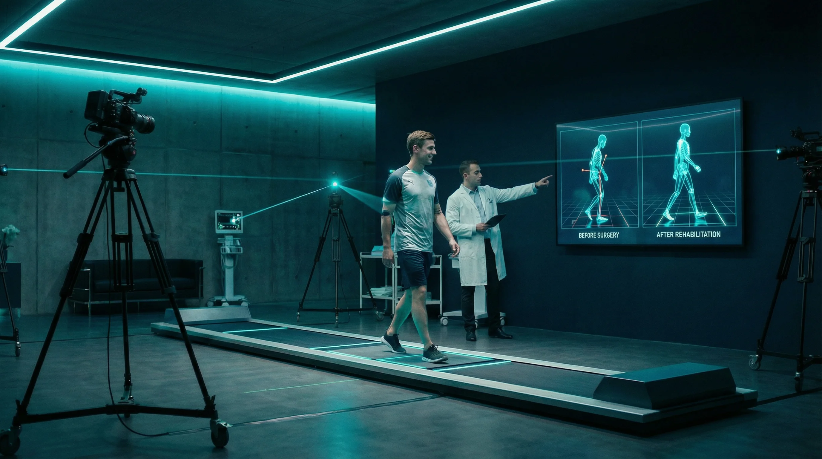 Therapeut zeigt Patient Vorher-Nachher-Vergleich der Rehabilitation auf Bildschirm