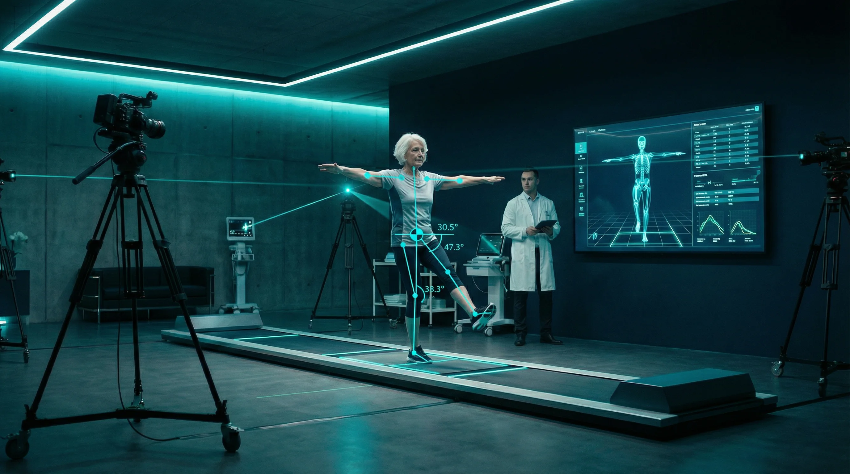 Ältere Patientin bei Balance-Test und Sturzrisiko-Screening mit Kameraanalyse