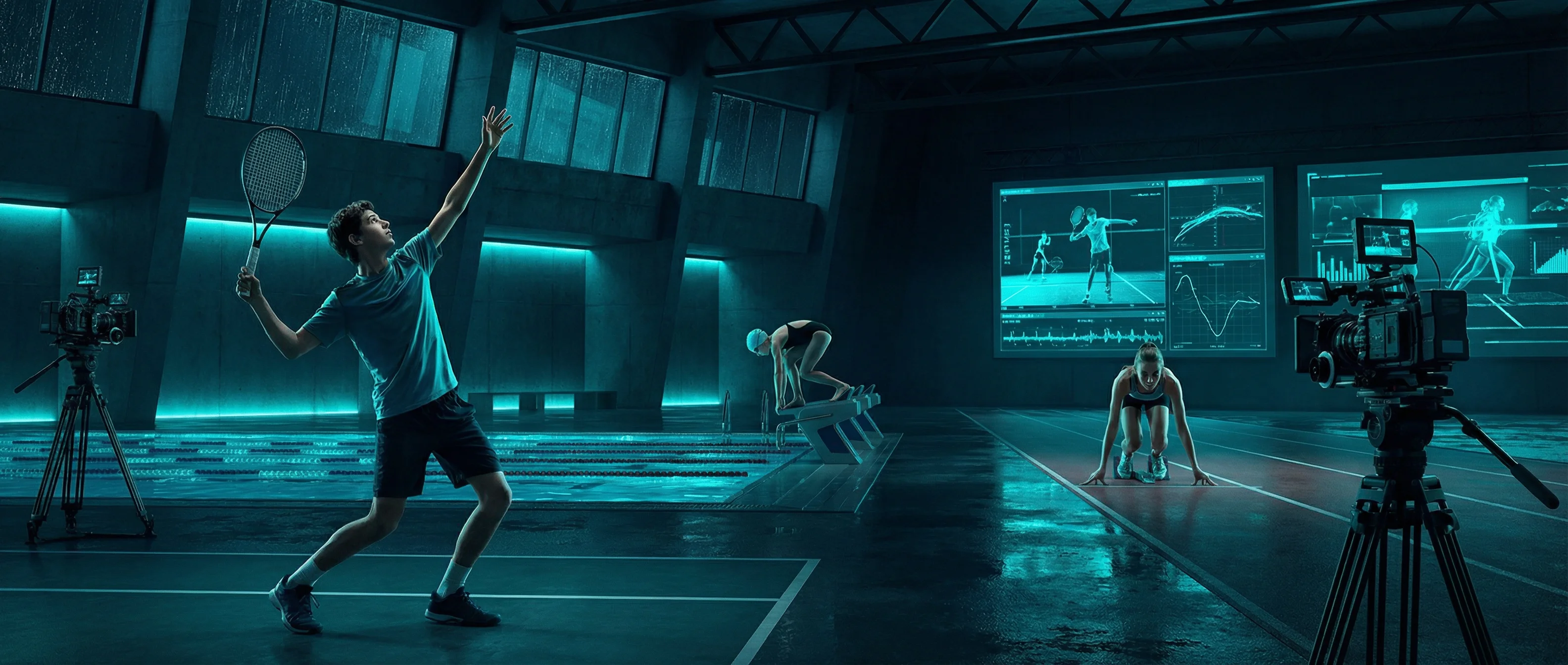 Junge Athleten verschiedener Sportarten beim Training mit Kameraanalyse