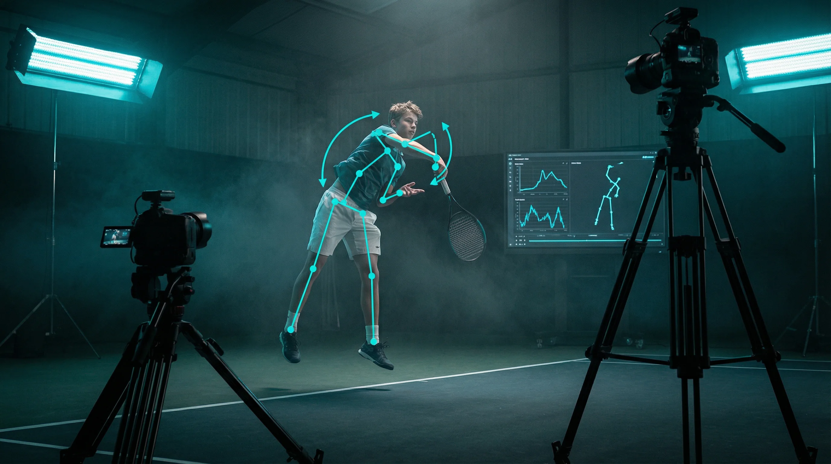 Junger Tennisspieler beim Aufschlag mit Skelett-Tracking und Gelenkmarkern