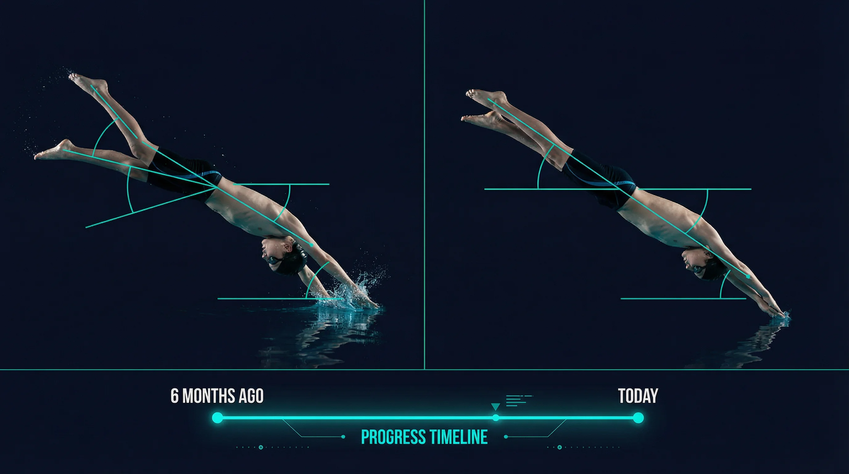 Schwimmer Vorher-Nachher-Vergleich der Sprungtechnik mit Winkelanalyse